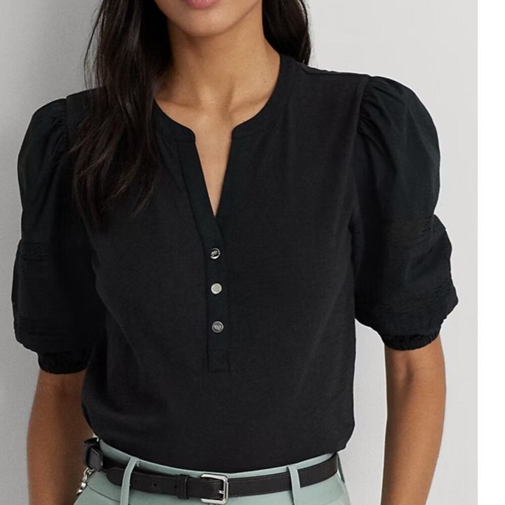Ralph Lauren Women's Black Blouse Puff Sheer Lace detailing